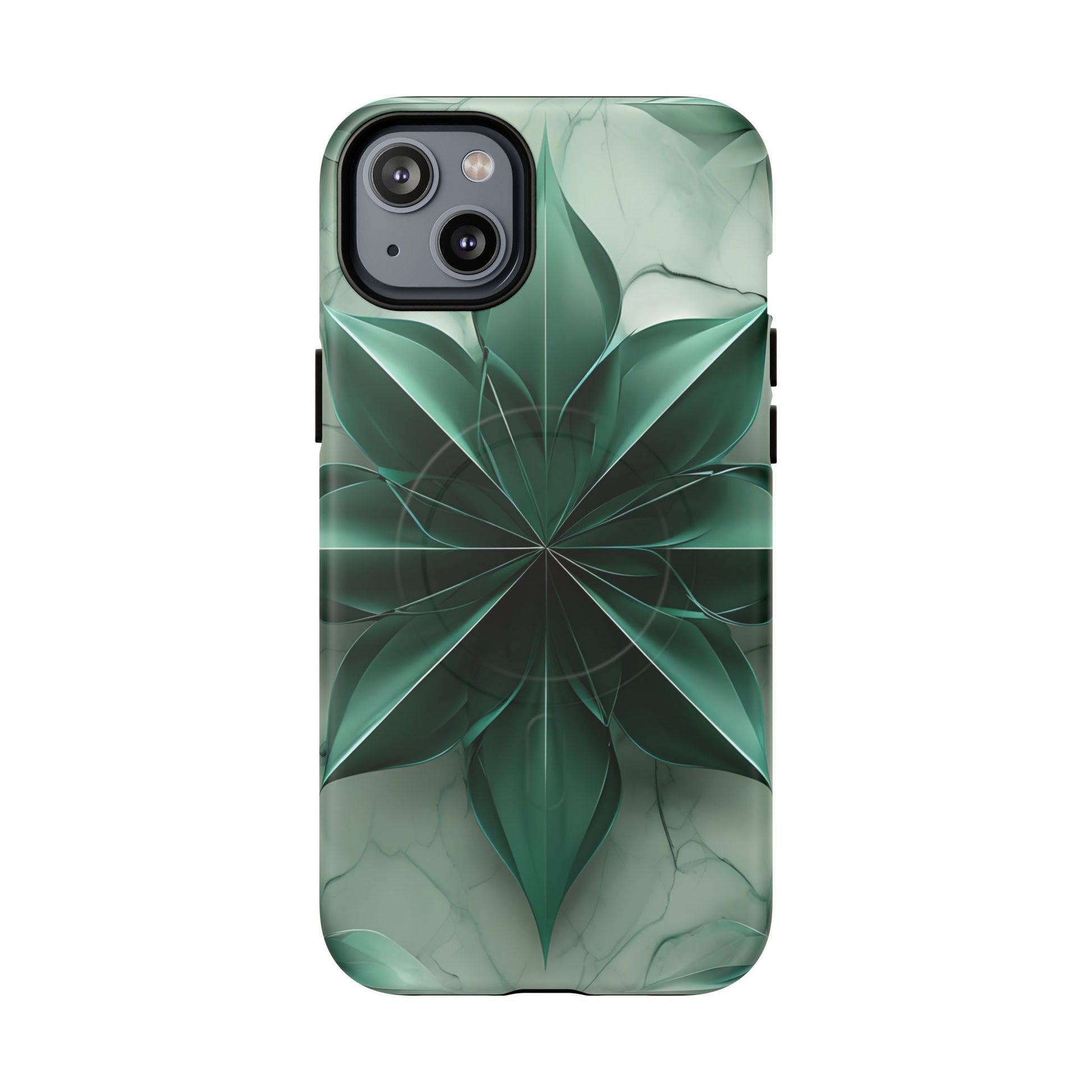 Emerald Bloom iPhone 14 Plus MagSafe Phone Case -Modern Symmetrical Floral Design, Green