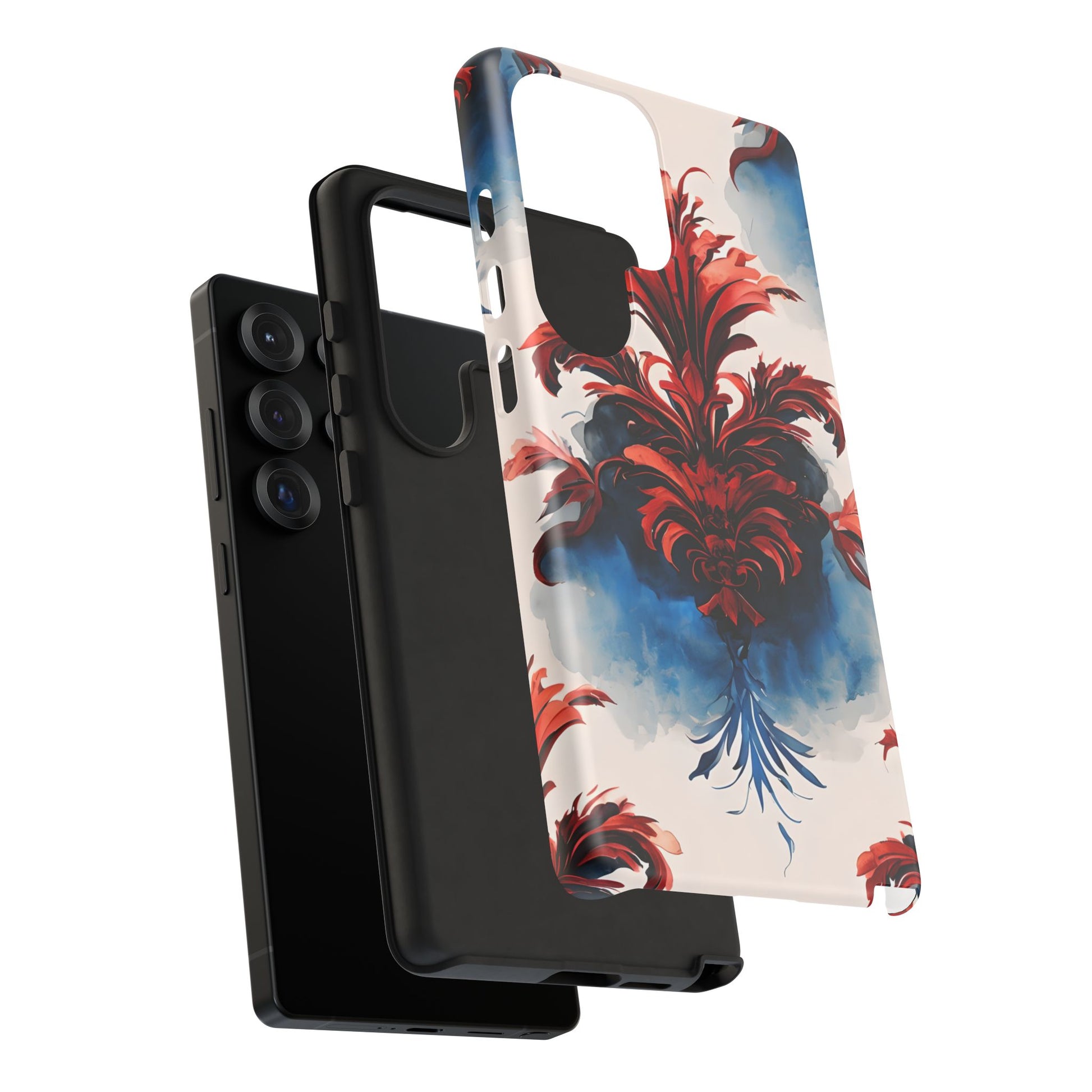 Crimson Plume - Bold Artistic Feather Samsung Galaxy S25 Ultra Tough Phone Case - Dramatic Red & Blue Design