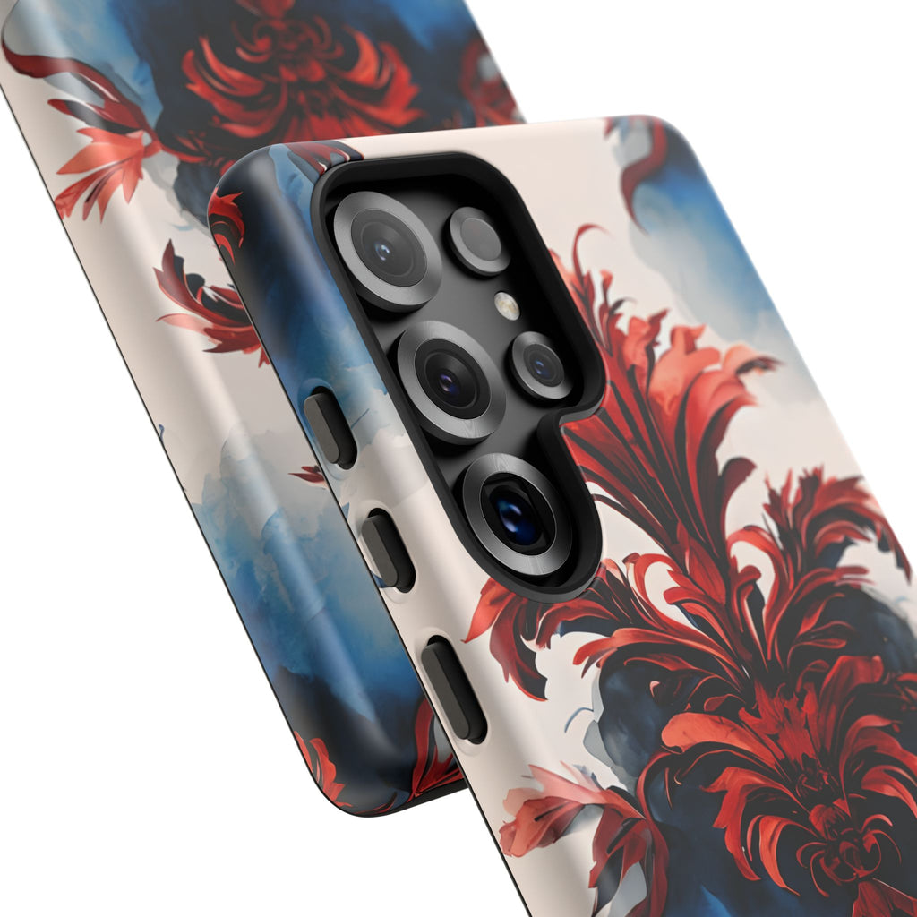 Crimson Plume - Bold Artistic Feather Samsung Galaxy S25 Ultra Tough Phone Case - Dramatic Red & Blue Design