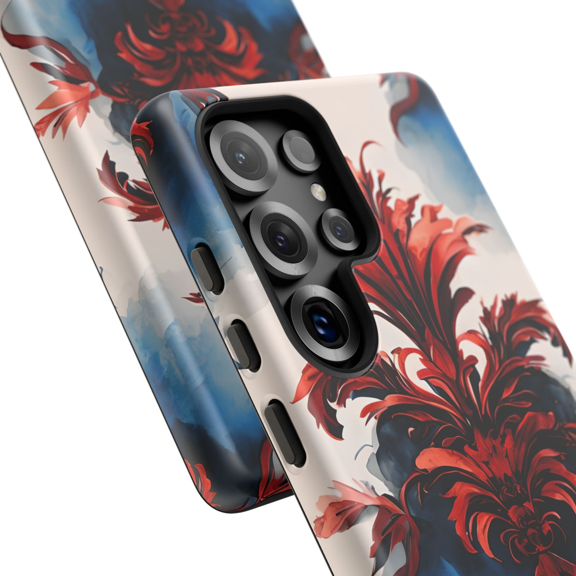 Crimson Plume - Bold Artistic Feather Samsung Galaxy S25 Ultra Tough Phone Case - Dramatic Red & Blue Design