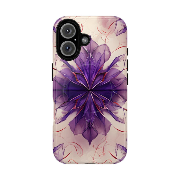 Violet Reverie - Kaleidoscope Collection Artistic Floral Burst - iPhone 16 MagSafe Phone Case - Bold Purple Symmetrical Design