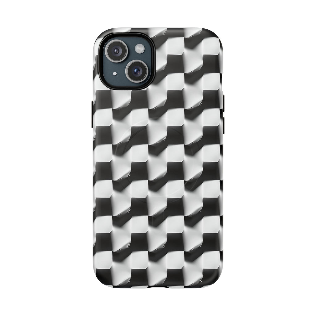 Monochrome Grid - iPhone 15 Plus MagSafe Phone Case - Bold, Modern Black & White Design