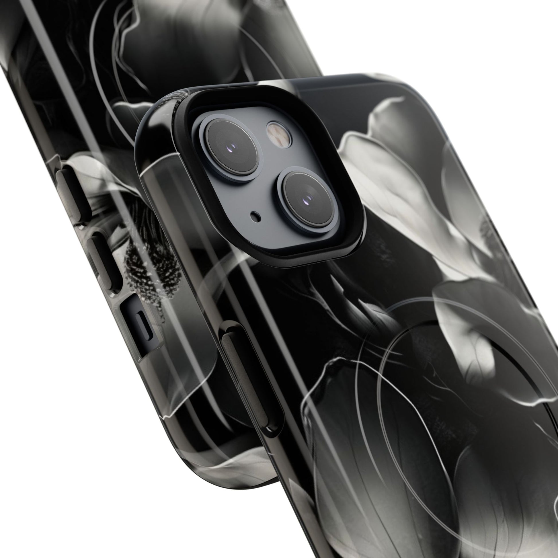 Monochrome Magnolia - Elegant Black & White Floral iPhone 14 MagSafe Phone Case - Artistic Magnolia Design