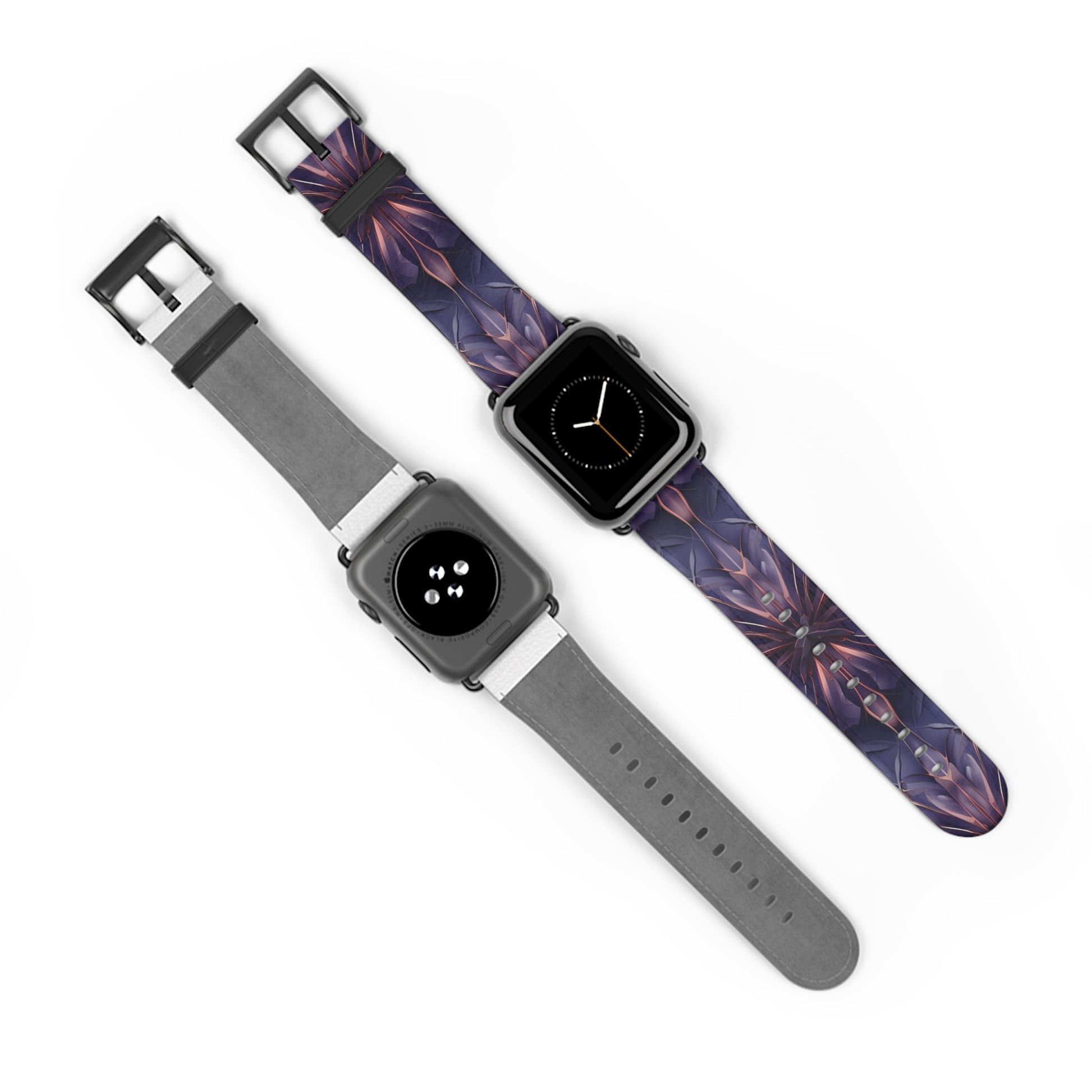 Two Apple Watches displaying Twilight Tapestry Apple Watch band showing front with watch face and back of band, both with black clasp