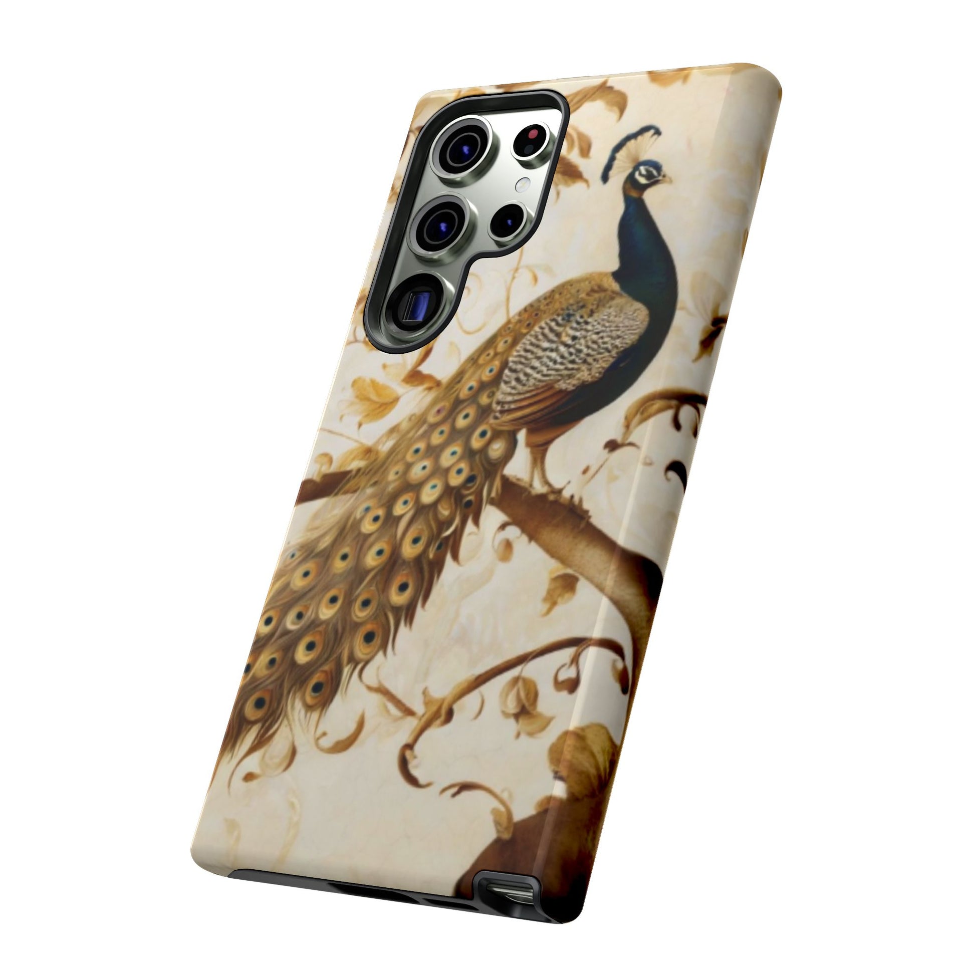 Golden Plumage Samsung Galaxy phone case angled view featuring detailed gold peacock tail and vintage botanical branches