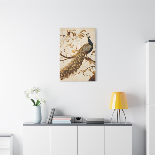 Golden Plumage wall art canvas displayed above a modern white console table in a bright living room