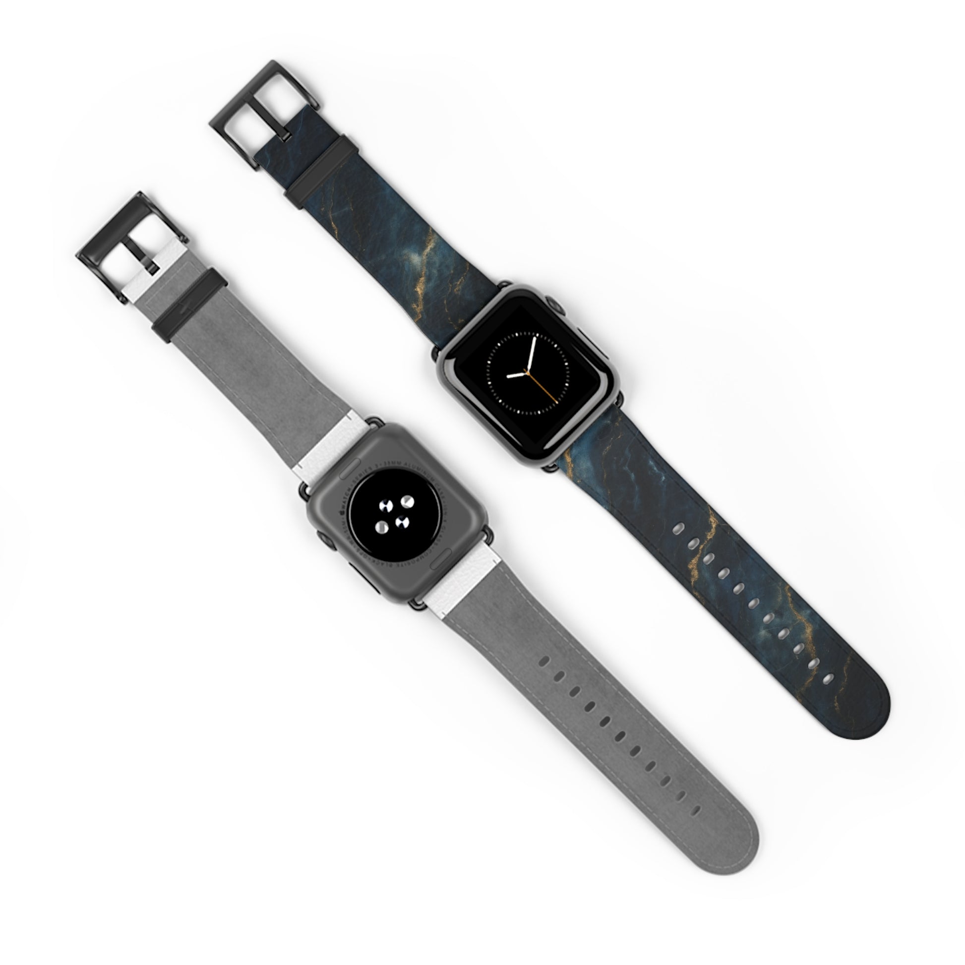 Midnight Marble Apple Watch bands shown on two watches front and back highlighting dark marble and gold vein design