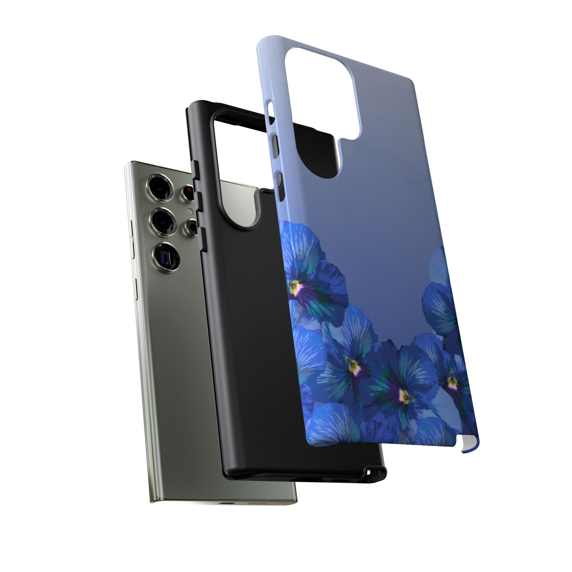 Blue pansy floral gradient Samsung Galaxy phone case shown in layered exploded view with dual-layer protective shell