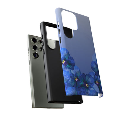 Blue pansy floral gradient Samsung Galaxy phone case shown in layered exploded view with dual-layer protective shell