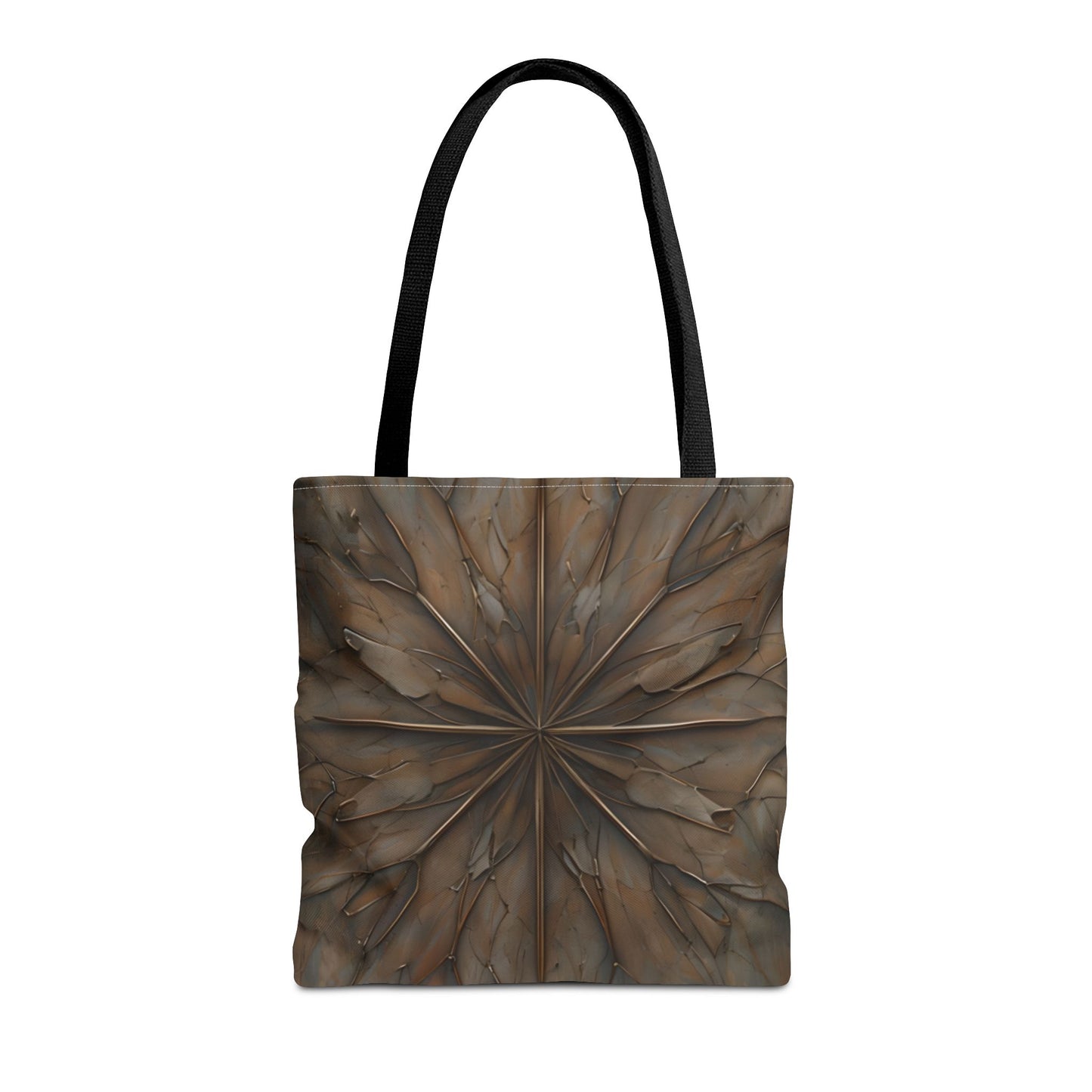 Earthstone Mandala canvas tote bag featuring earthy brown mandala pattern with black handles