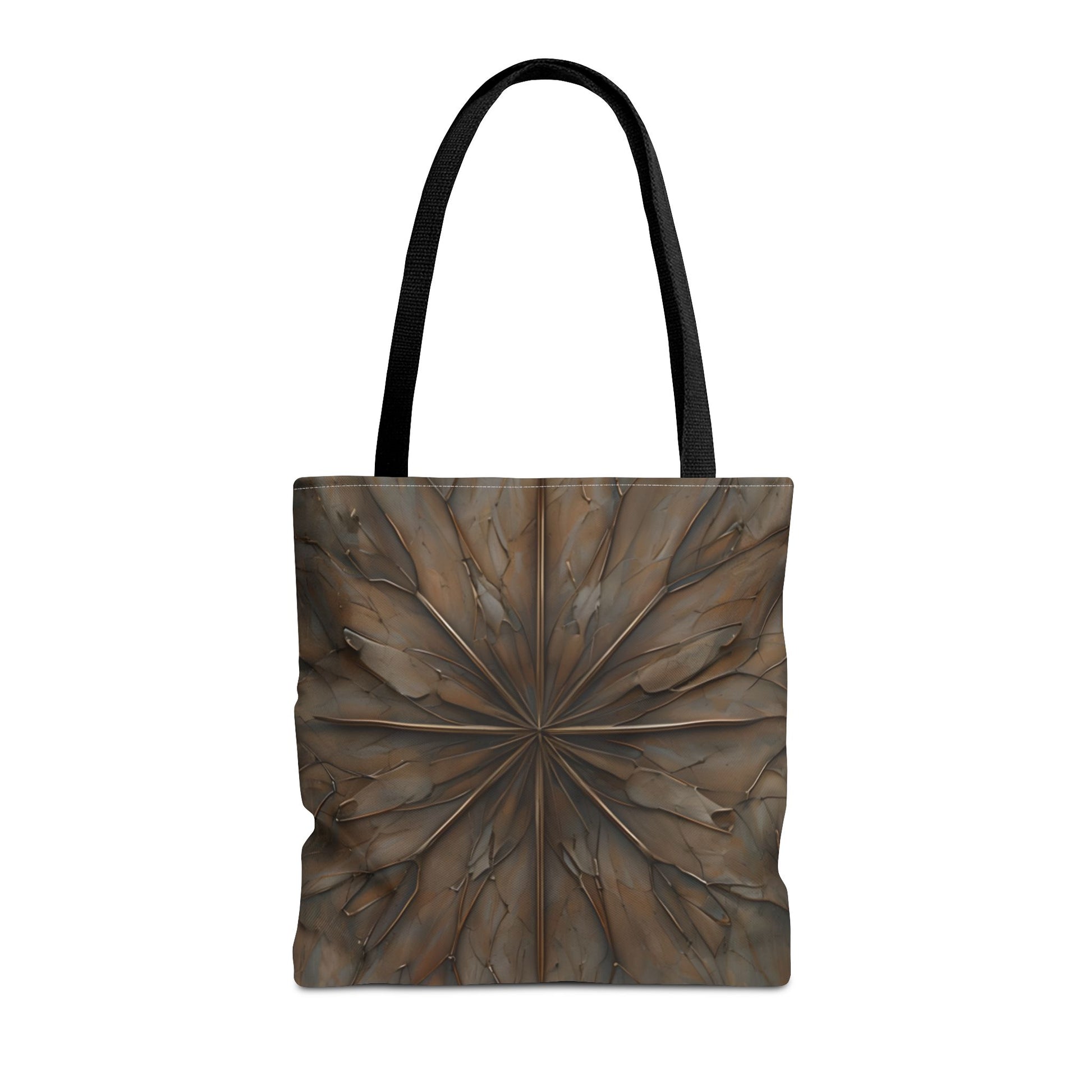 Earthstone Mandala canvas tote bag featuring earthy brown mandala pattern with black handles