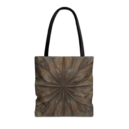 Earthstone Mandala canvas tote bag featuring earthy brown mandala pattern with black handles