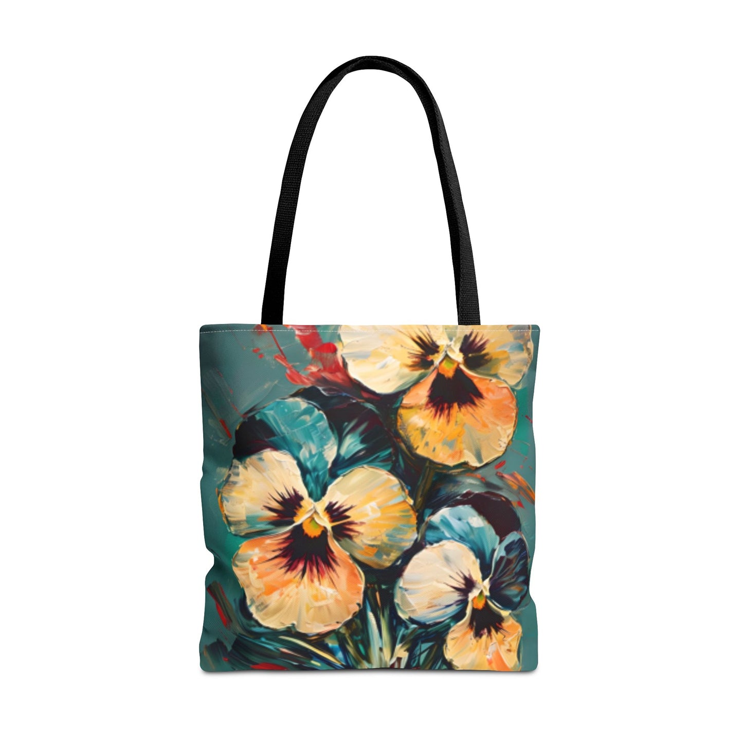 Golden Pansy Canvas Tote Bag (16x16 & 18x18) - Floral Design with Deep Teal Background, Eco-Friendly Shopping Bag