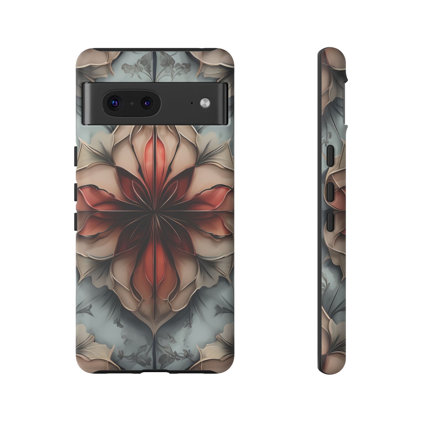 Ember Bloom - Kaleidoscope Collection Artistic Floral - Google Pixel Tough Phone Case - Fiery Symmetrical Design