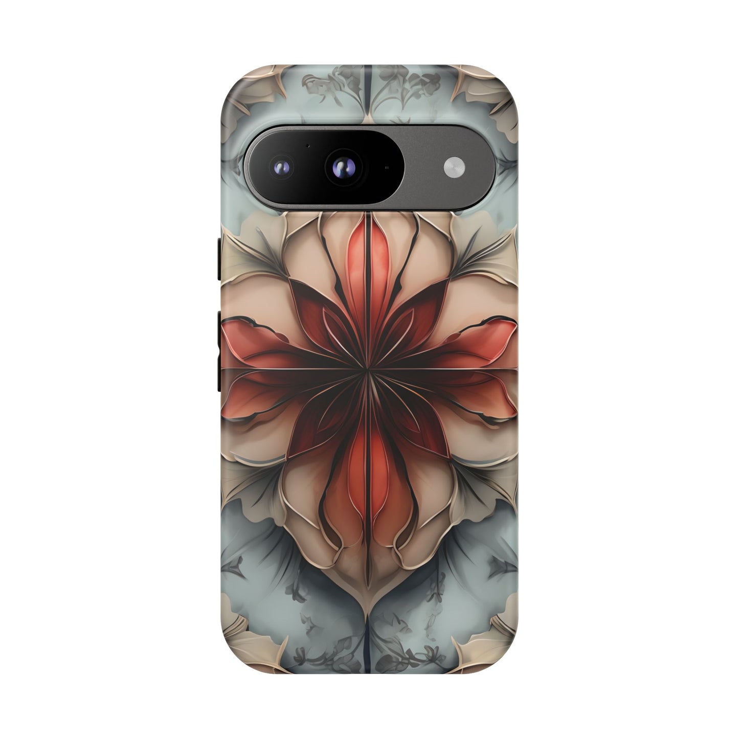 Ember Bloom - Kaleidoscope Collection Artistic Floral - Google Pixel Tough Phone Case - Fiery Symmetrical Design