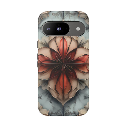 Ember Bloom - Kaleidoscope Collection Artistic Floral - Google Pixel Tough Phone Case - Fiery Symmetrical Design