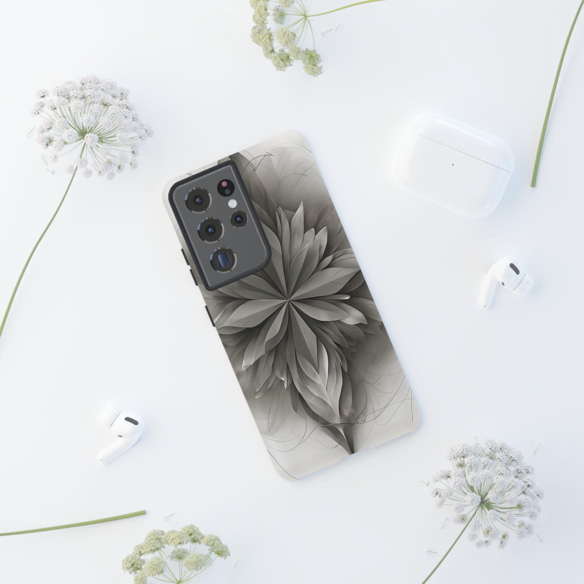 Silver Lotus - Elegant Monochrome Floral Samsung Galaxy S21 Ultra Tough Phone Case - Modern Lotus Design
