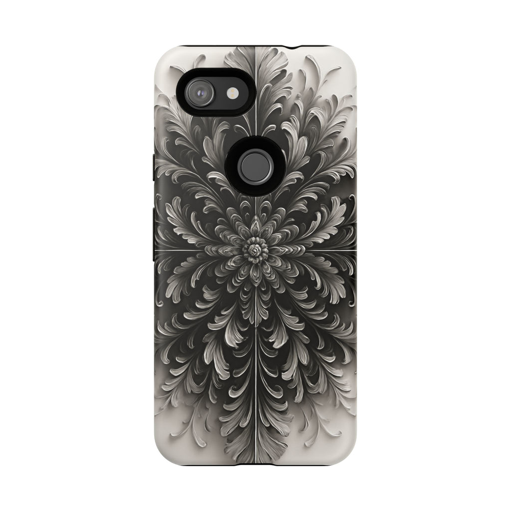 Obsidian Bloom - Elegant Black & White Google Pixel 3a Tough Phone Case - Intricate Mandala Flower Design