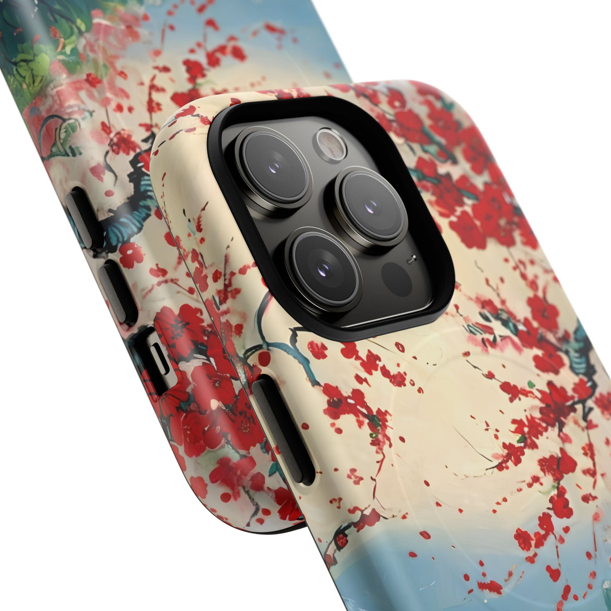 Crimson Blossom Lake - Artistic Floral Landscape iPhone 14 Pro MagSafe Phone Case - Red Cherry Blossoms & Serene Lake Design