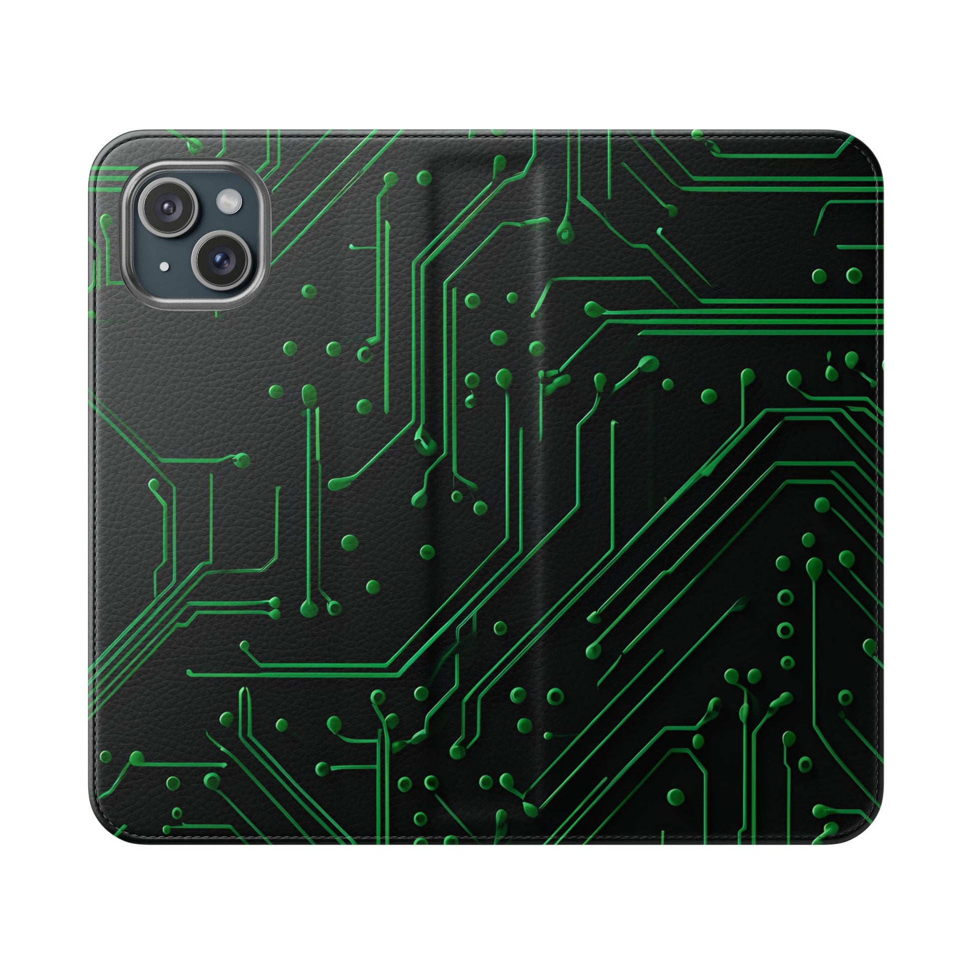 Green Circuit Grid Wallet Phone Case - Green & Black Computer Circuit Design - Flip Cover for iPhone 15 Plus