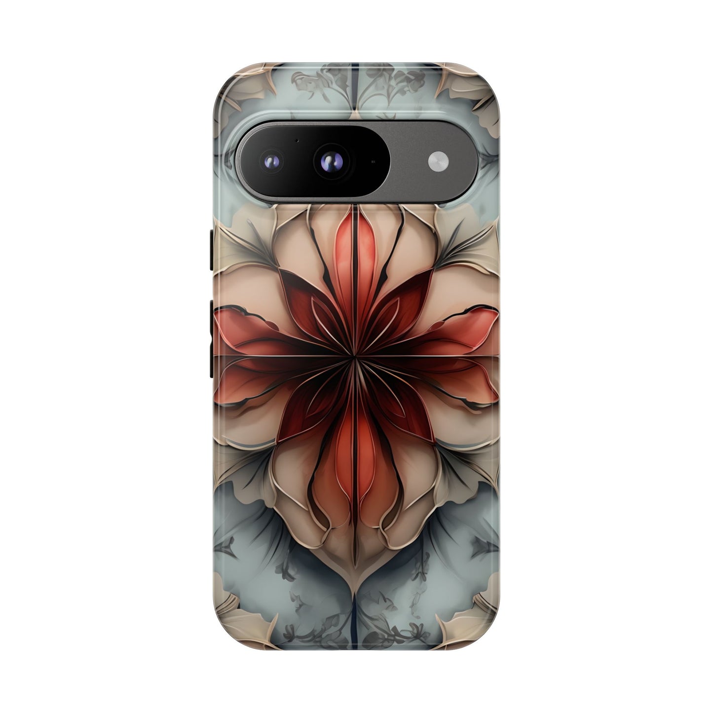 Ember Bloom - Kaleidoscope Collection Artistic Floral - Google Pixel Tough Phone Case - Fiery Symmetrical Design