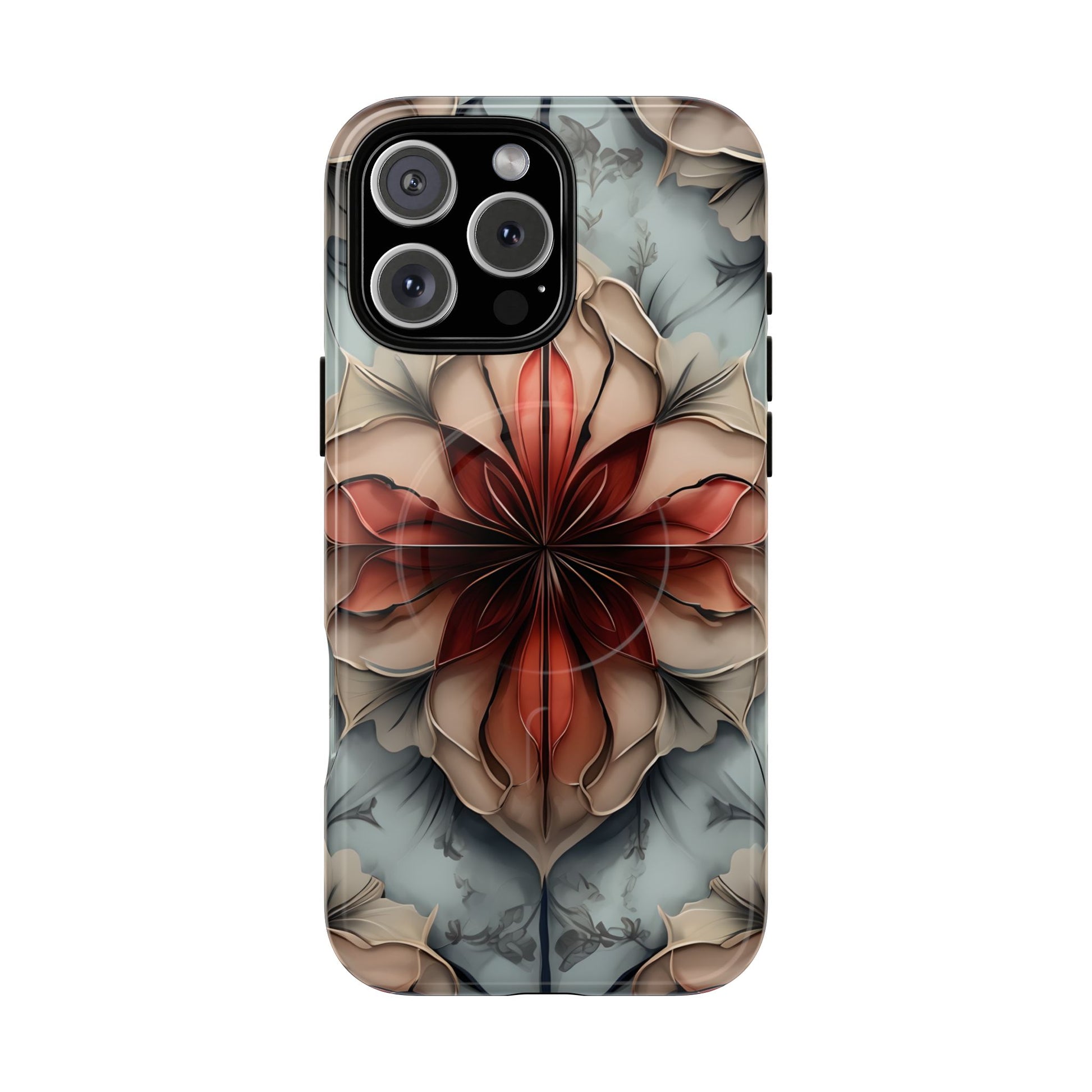 Ember Bloom - Kaleidoscope Collection Artistic Floral iPhone 16 Pro Max MagSafe Phone Case - Fiery Symmetrical Design