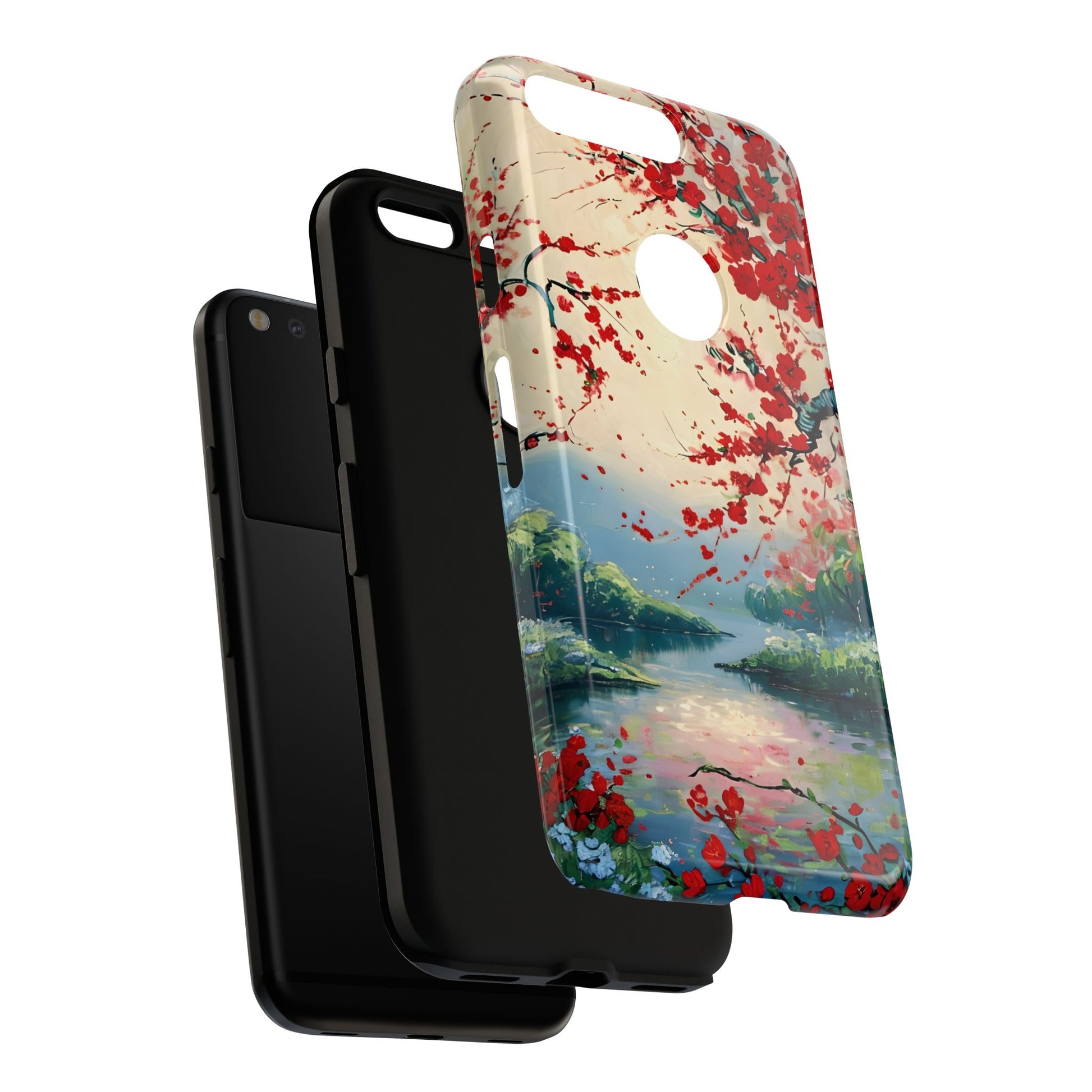 Crimson Blossom Lake - Artistic Floral Landscape Google Pixel Tough Phone Case - Red Cherry Blossoms & Serene Lake Design