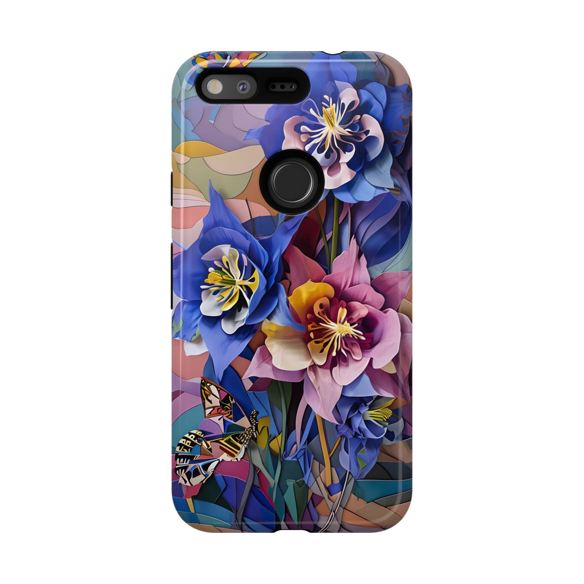 Blue Columbine Carnivale - Artistic Floral & Butterfly Google Pixel Tough Phone Case - Vibrant Botanical Design