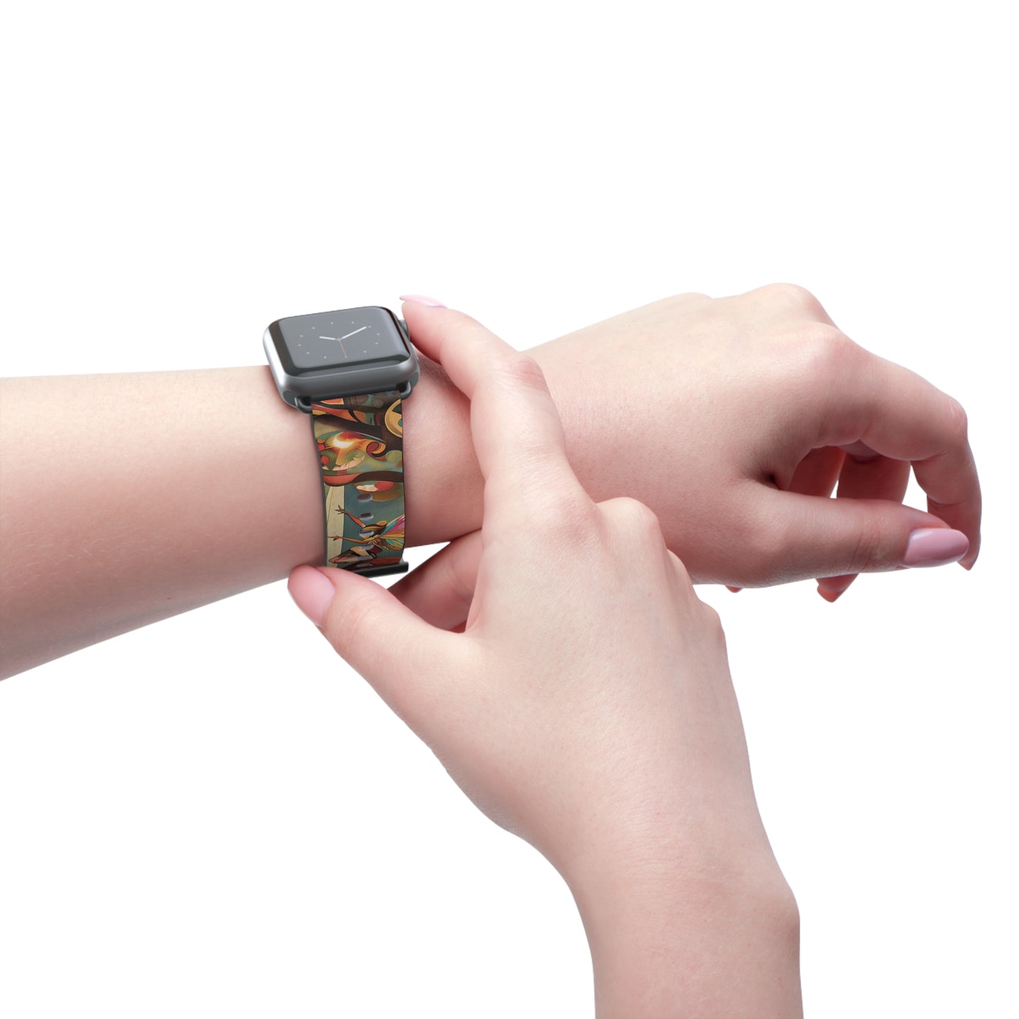 Enchanted Orchard Apple Watch band worn on wrist featuring colorful orchard botanical artwork