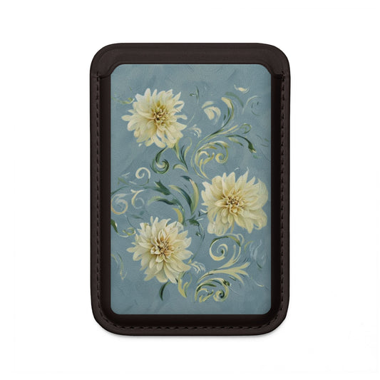 Golden Dahlia Trio MagSafe card holder with yellow dahlia flowers on blue background, black magnetic wallet.