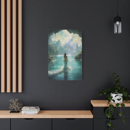 Celestial Tides wall art canvas displayed on a dark accent wall in a modern living room