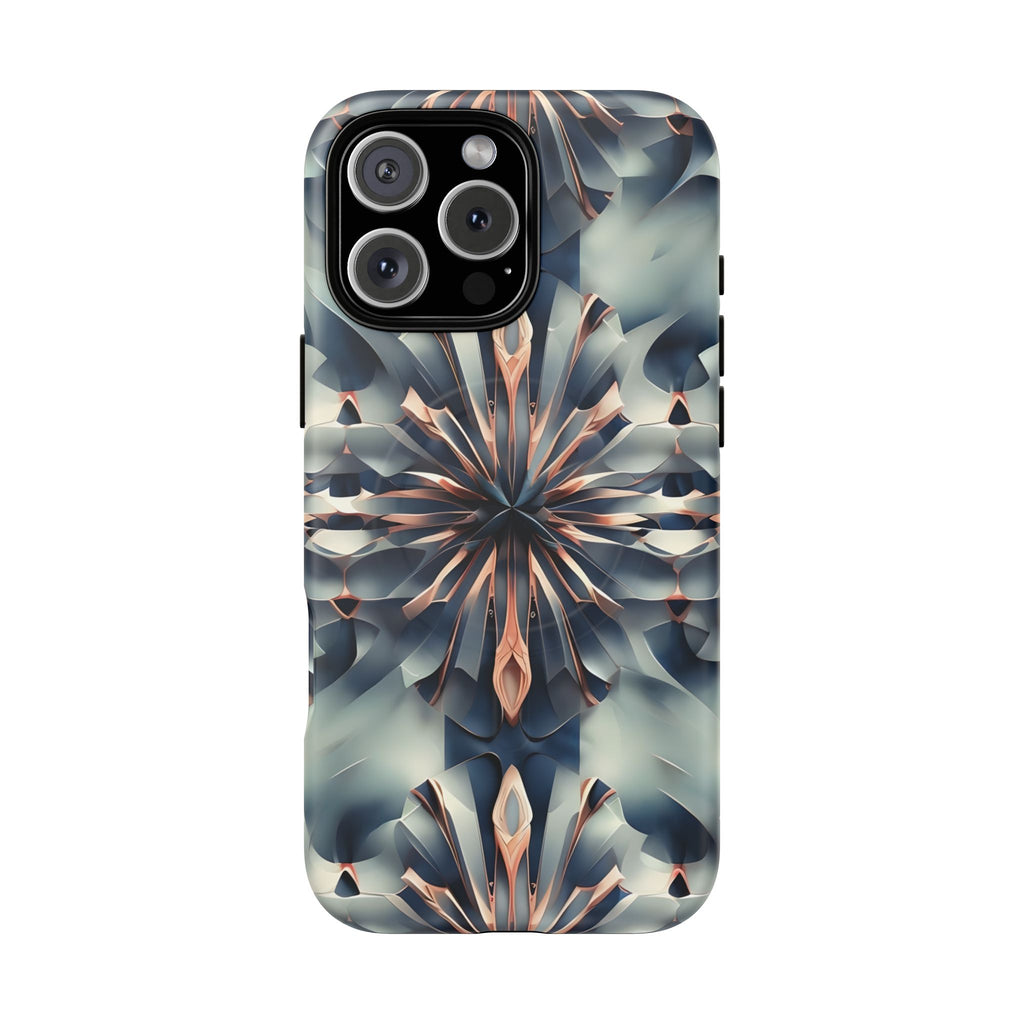 Obsidian Kaleidoscope Artistic Floral Burst - iPhone 16 Pro Max MagSafe Phone Case -Blue, Peach and Silver Symmetrical Design