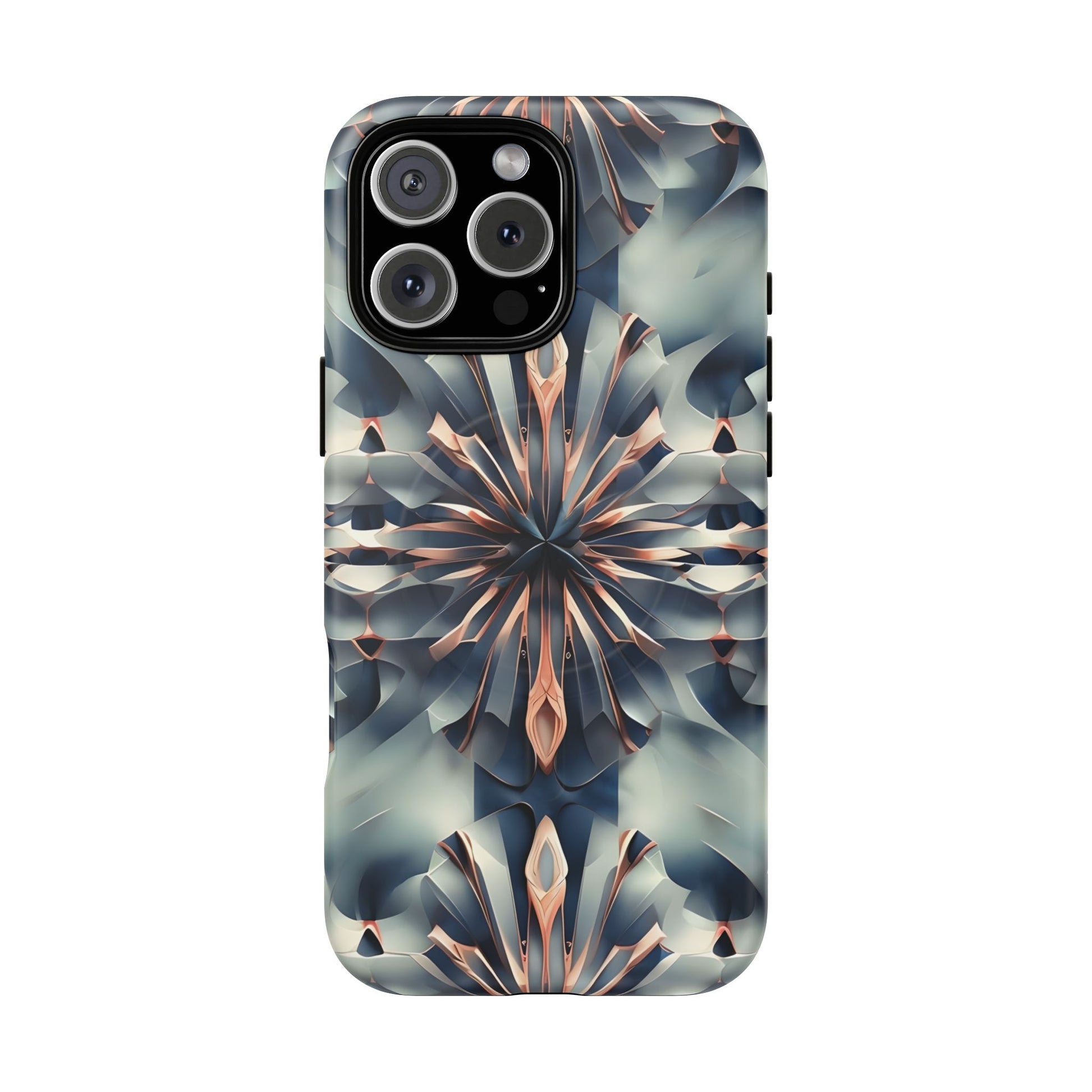 Obsidian Kaleidoscope Artistic Floral Burst - iPhone 16 Pro Max MagSafe Phone Case -Blue, Peach and Silver Symmetrical Design