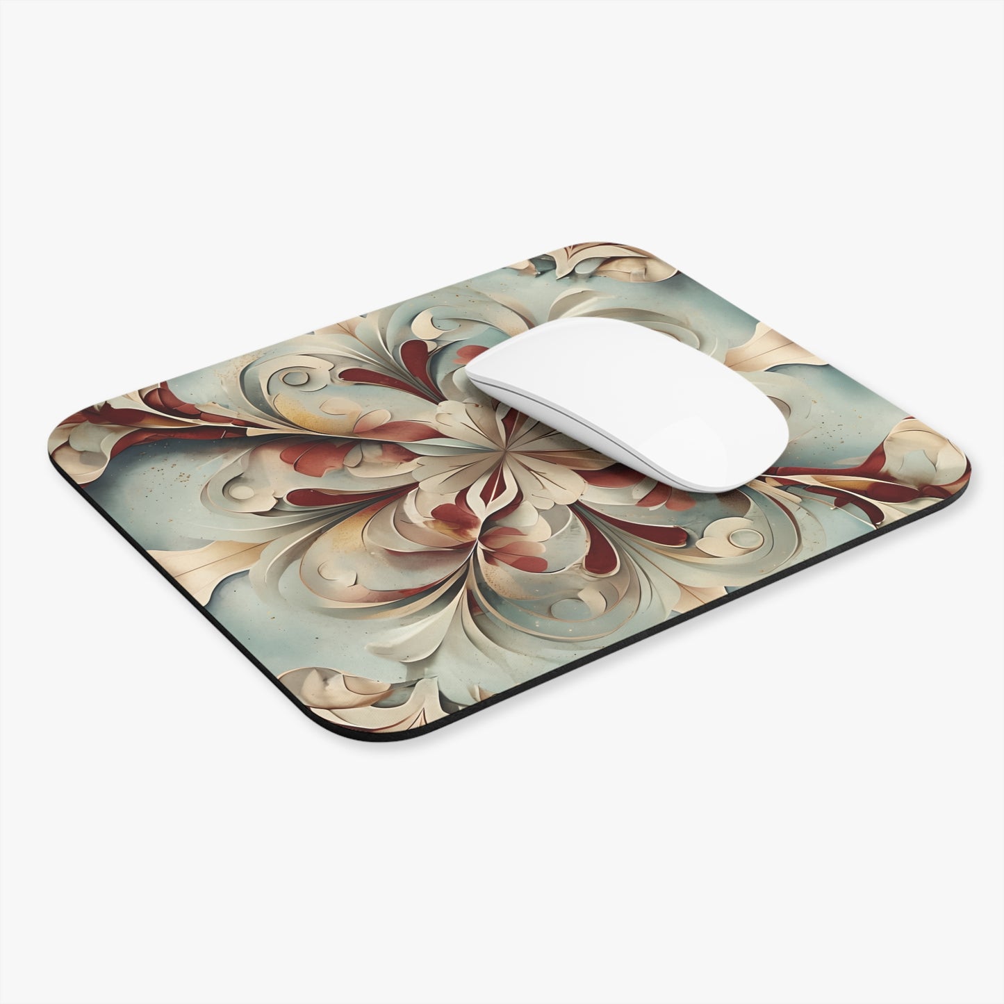 Vintage Baroque Blossom mouse pad in workspace with mouse showing classic floral artwork