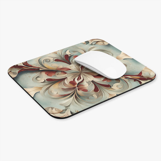 Vintage Baroque Blossom mouse pad in workspace with mouse showing classic floral artwork