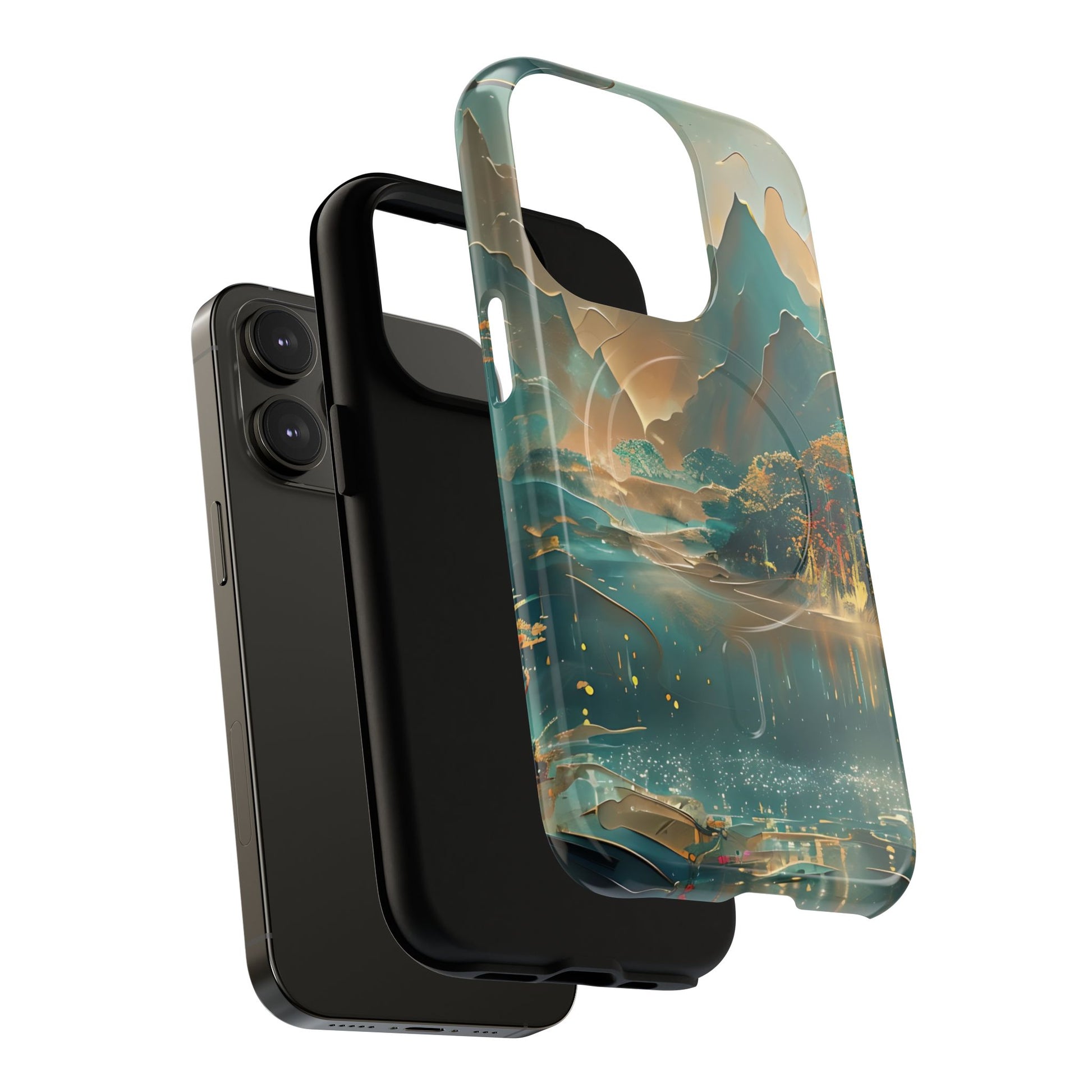 Misty Horizon - Serene Landscape Art iPhone 14 Pro MagSafe Phone Case - Tranquil Mountain & Lake Design