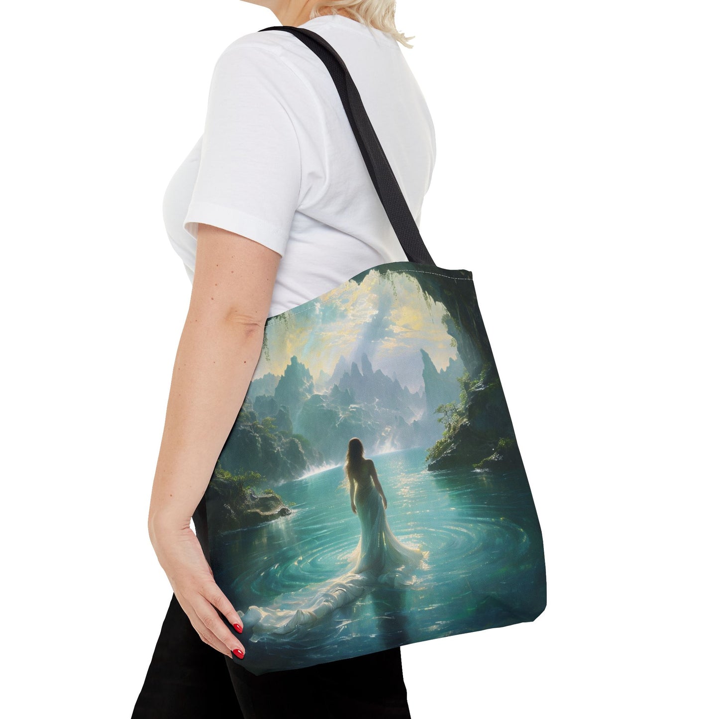 Celestial Tides canvas tote bag worn over shoulder showing ocean-inspired abstract artwork
