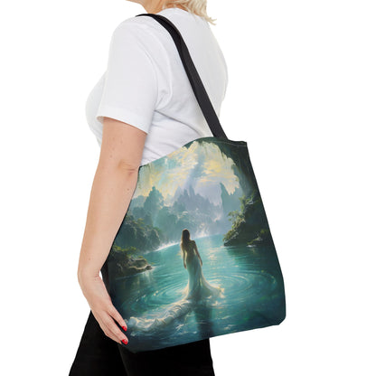 Celestial Tides canvas tote bag worn over shoulder showing ocean-inspired abstract artwork