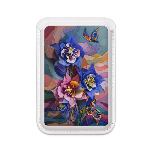 Blue Columbine Carnivale MagSafe card holder with vivid columbine flowers and colorful abstract background on white magnetic wallet.
