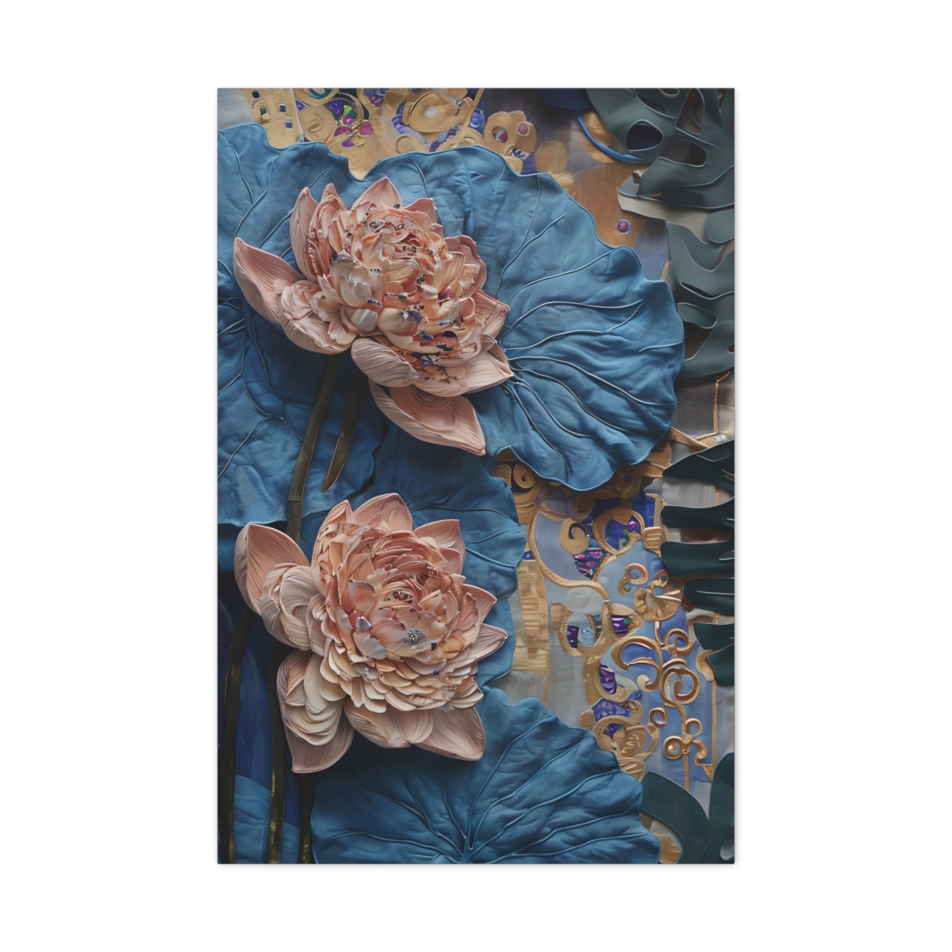 Peony Midnight Tapestry wall art canvas featuring blush pink peonies on deep blue leaves with gold decorative accents