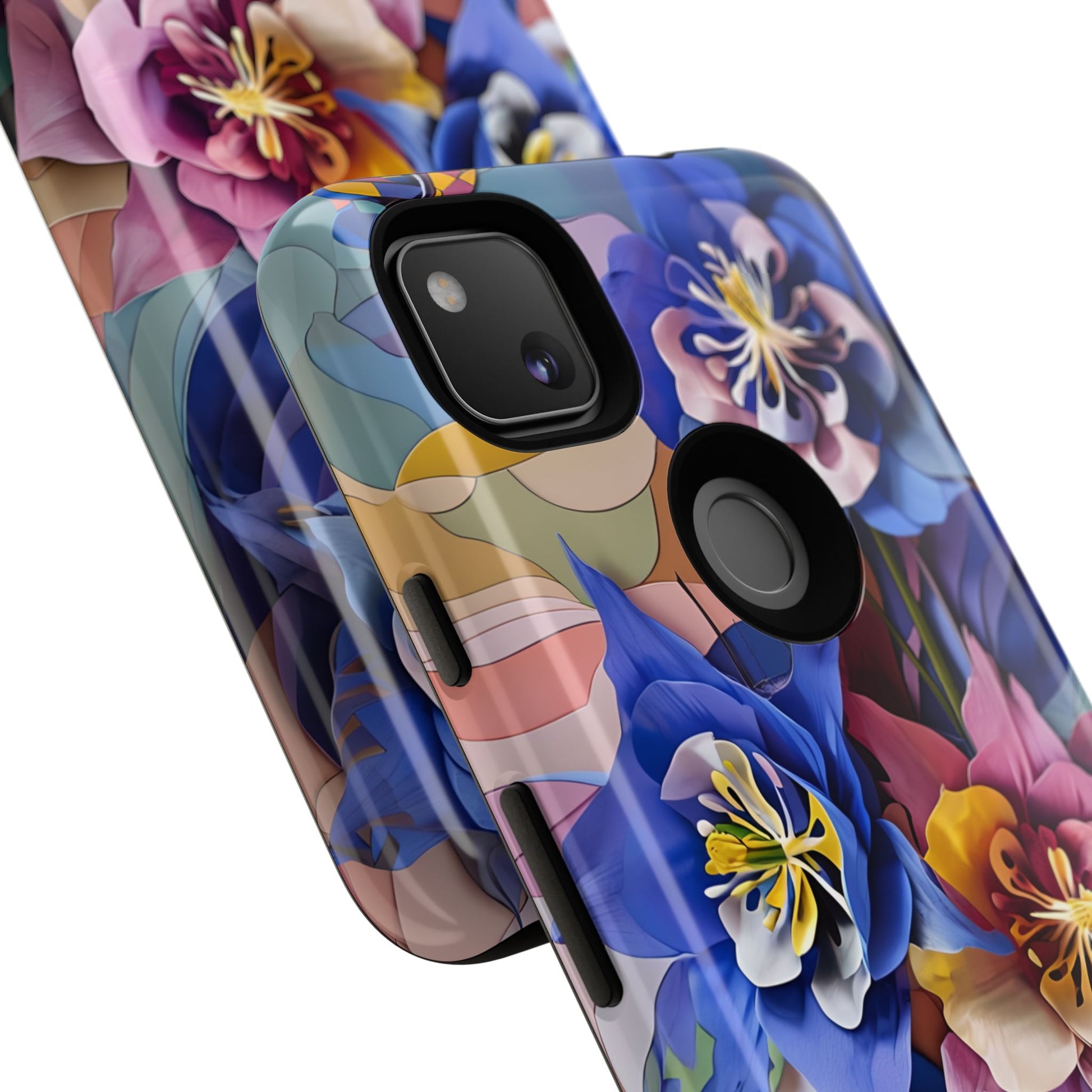 Blue Columbine Carnivale - Artistic Floral & Butterfly Google Pixel 4a Tough Phone Case - Vibrant Botanical Design