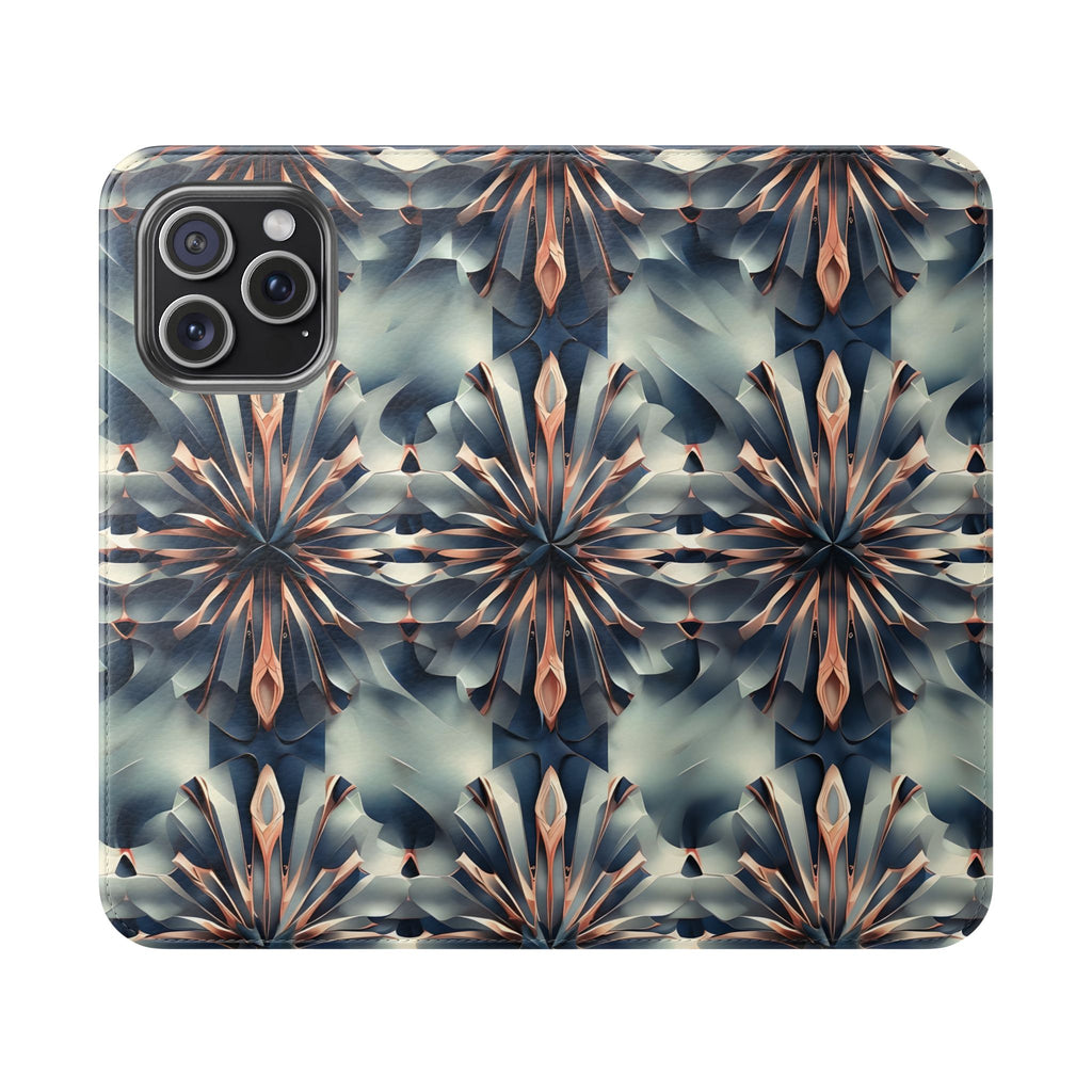 Obsidian Kaleidoscope iPhone 15 Pro Max Wallet Case - Elegant Abstract Flip Cover with Card Slots
