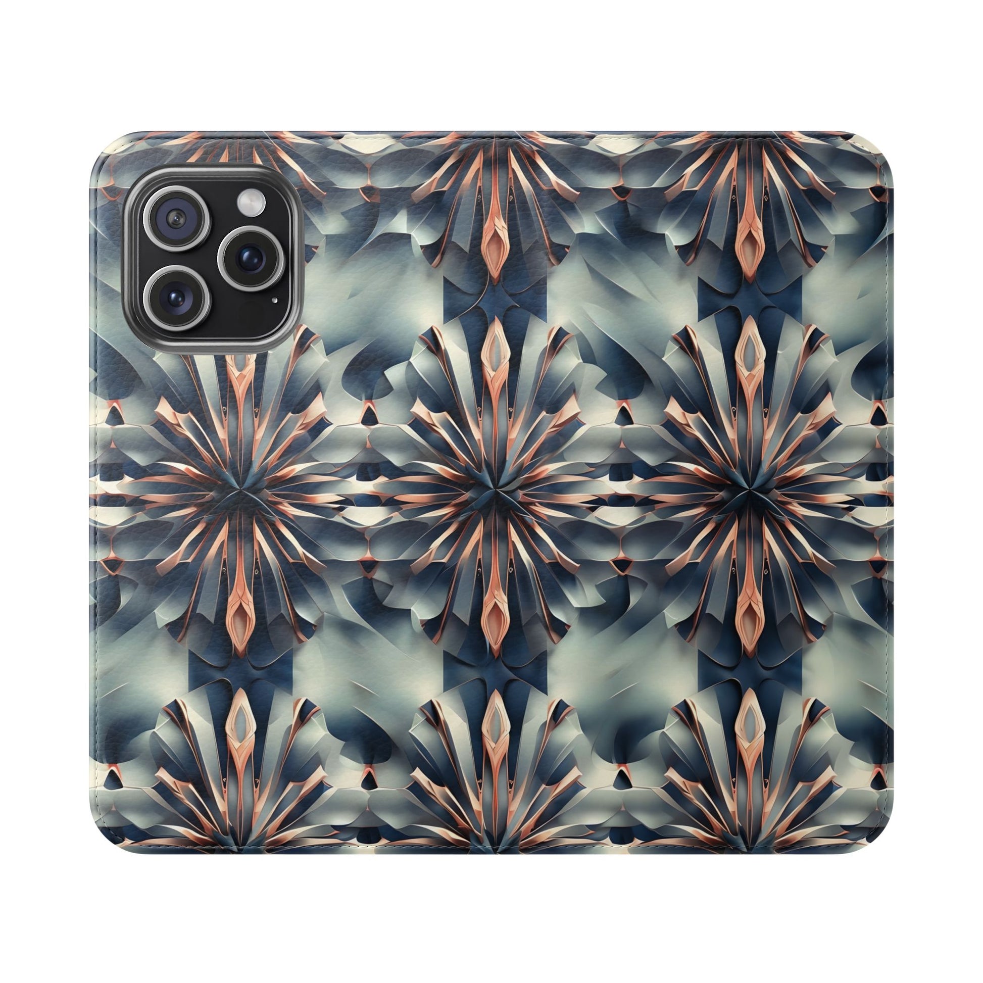 Obsidian Kaleidoscope iPhone 15 Pro Max Wallet Case - Elegant Abstract Flip Cover with Card Slots