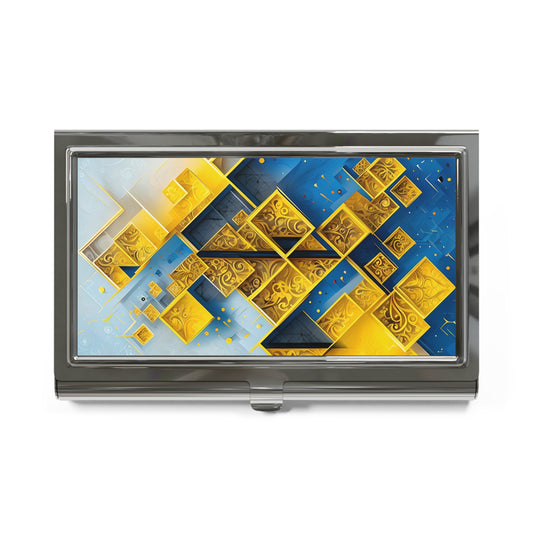 Golden Ascent Business Card Holder - Geometric Abstract Design in Gold & Blue, Designer Professional Card Organizer