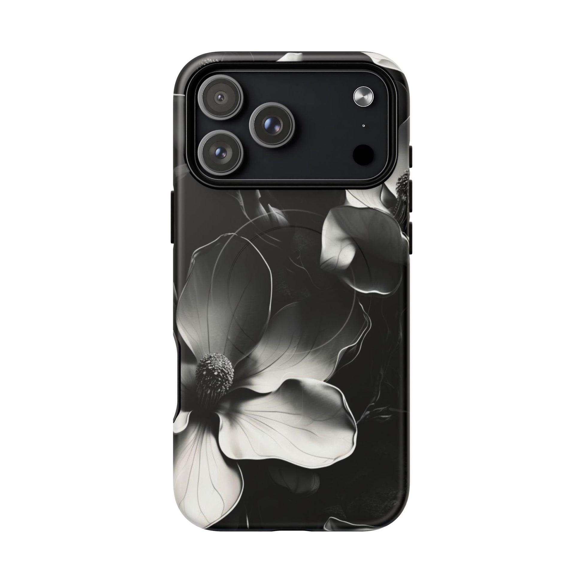 Monochrome Magnolia iPhone MagSafe case with large camera cutout for Pro models