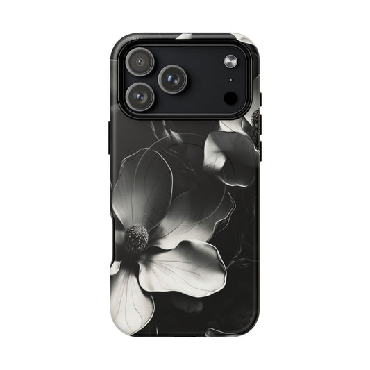 Monochrome Magnolia iPhone MagSafe case with large camera cutout for Pro models