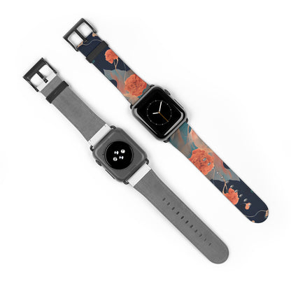 Lotus Reverie Apple Watch bands shown on two watches front and back highlighting coral lotus flower artwork