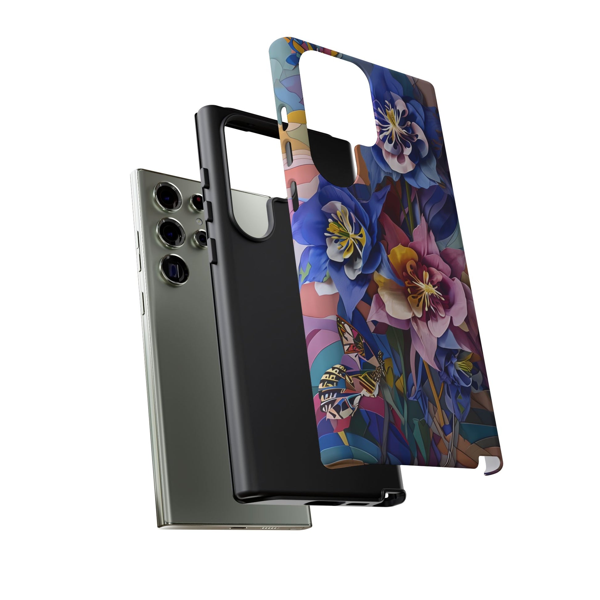 Blue Columbine Carnivale - Artistic Floral & Butterfly Samsung S23 Ultra Tough Phone Case - Vibrant Botanical Design