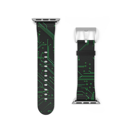Green Circuit Grid Apple Watch band strap with silver clasp showing electronic circuit grid design in bright green lines