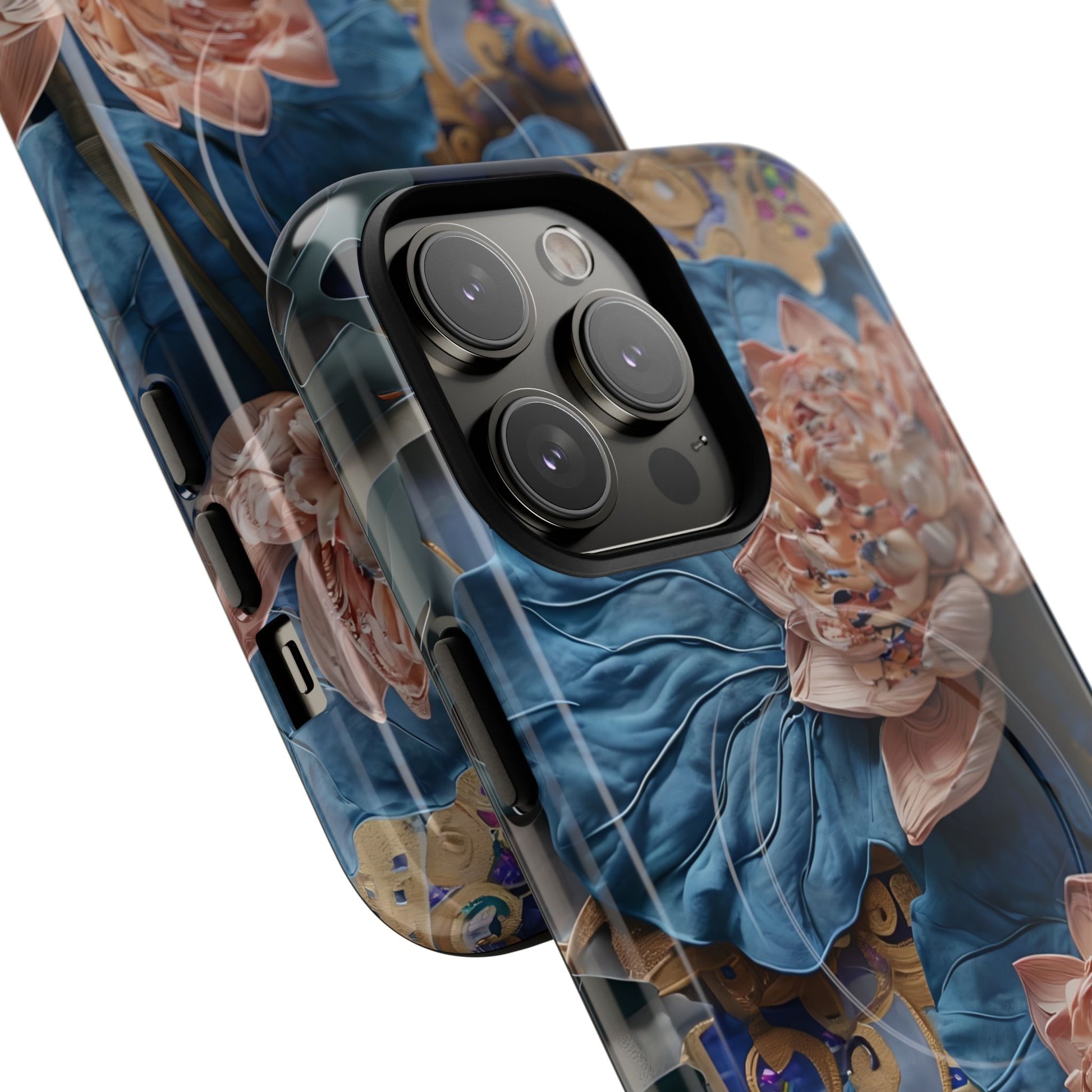Peony Midnight Tapestry - iPhone 14 Pro Max - MagSafe Compatible - Elegant Blue & Blush Artful Phone Cover